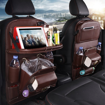 PU Leather Backseat Organizer with Foldable Tray — Waterproof Car Storage (Universal Fit)