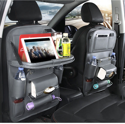 PU Leather Backseat Organizer with Foldable Tray — Waterproof Car Storage (Universal Fit)