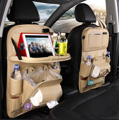 PU Leather Backseat Organizer with Foldable Tray — Waterproof Car Storage (Universal Fit)