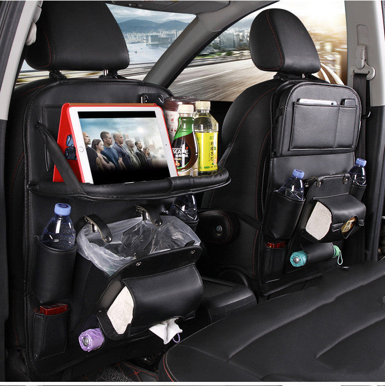 PU Leather Backseat Organizer with Foldable Tray — Waterproof Car Storage (Universal Fit)