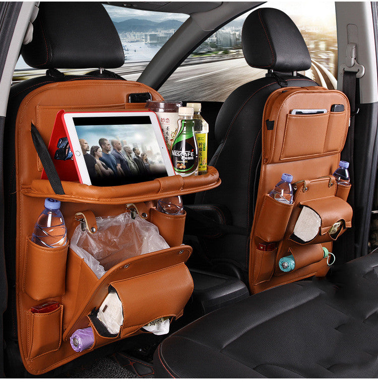 PU Leather Backseat Organizer with Foldable Tray — Waterproof Car Storage (Universal Fit)